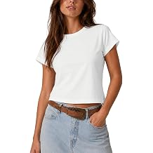 FAIABLE Womens Baby Tee,Cotton Stretch Cropped T Shirts,Crewneck Basic Crop Tees,Casual Short Sleeve Tops for Women