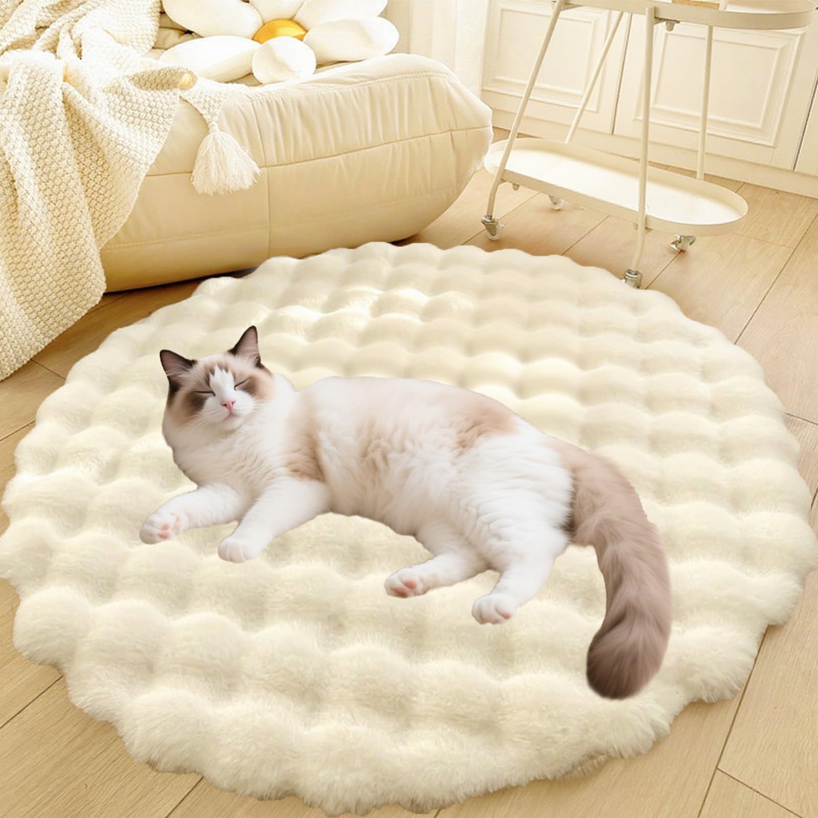Divano per Cani E Gatti Con Fondo Antiscivolo, Tappeto Rotondo Lavabile, Moderno Letto A Pelo Lungo Da Posizionare Accanto Al Pavimento, Tappetino per Soggiorno(White,43in)