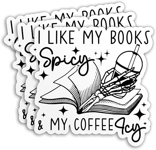 Calcomanía con texto en inglés "I Like My Books" Spicy and My Coffee ICY Funny Skeleton Book Lover Iced Coffee Bookish Reader de 2 pulgadas,