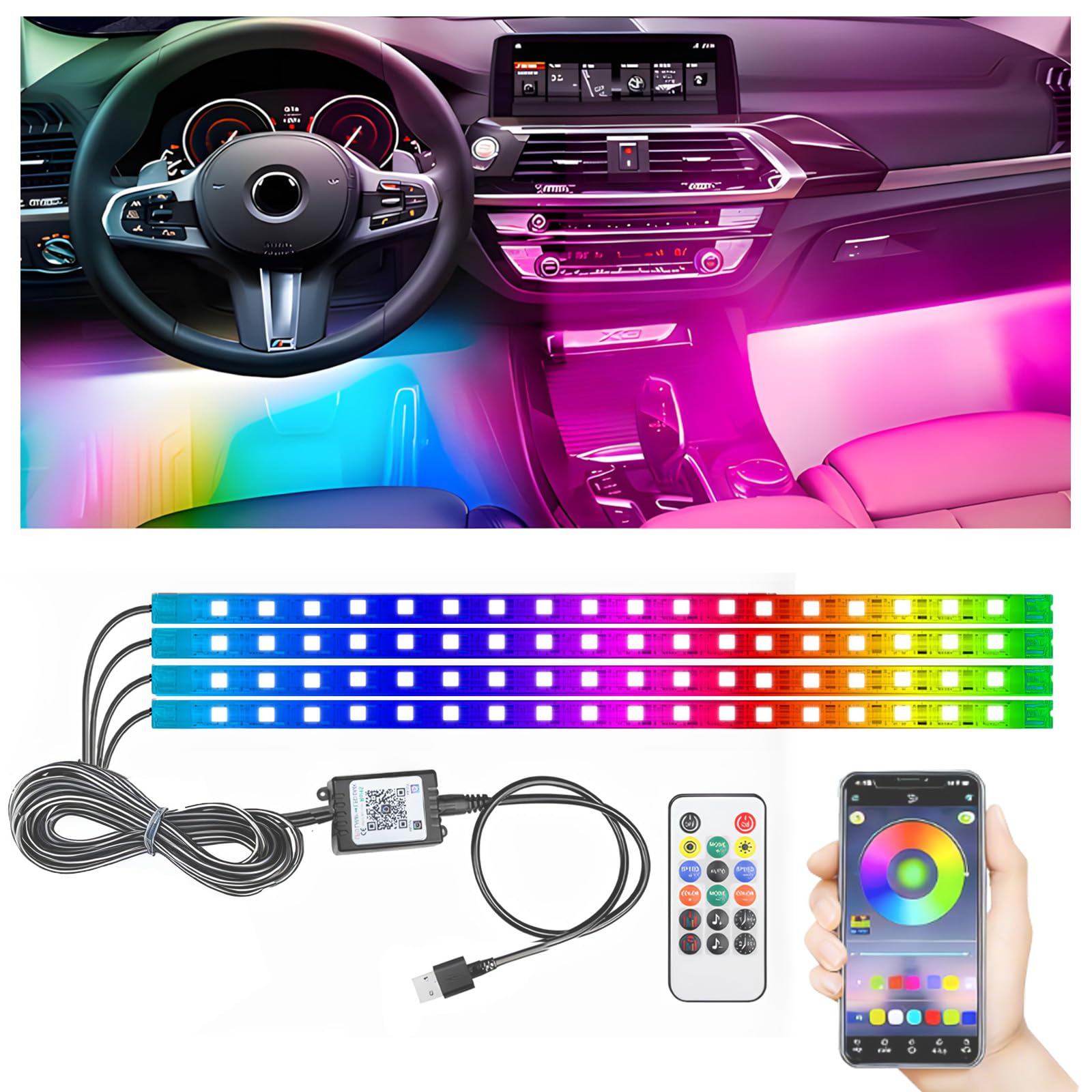 5.7FT LED Interior Light for Car, 48LEDs RGB USB Under Dash Lighting, Footwell Neon Internal Lights Kit, Smart APP and Remote Dual Control, Multicolor Music and Mic Mode