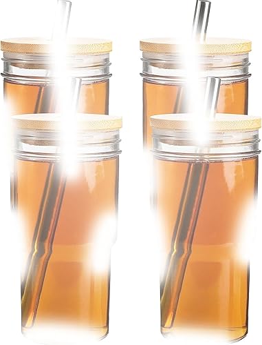 Paquete de 4 vasos de vidrio con asa, taza de café helado reutilizable de 22 onzas con tapa de bambú y pajita, vasos Mason para cóctel, cerveza, té disponible en Yaxa Colombia