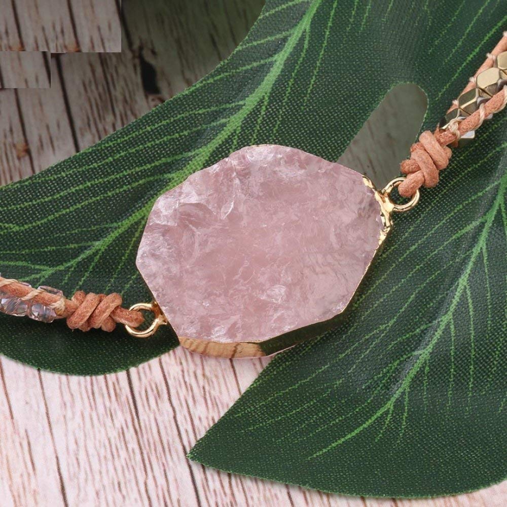 WJFGGXHK - Braccialetto da donna con pietra di quarzo rosa, lunghezza 6 mm, bracciale con pietra naturale rosa, bracciale in pelle di quarzo avvolgere gioielli con pietre rotonde di cristallo, idea regalo per ragazze