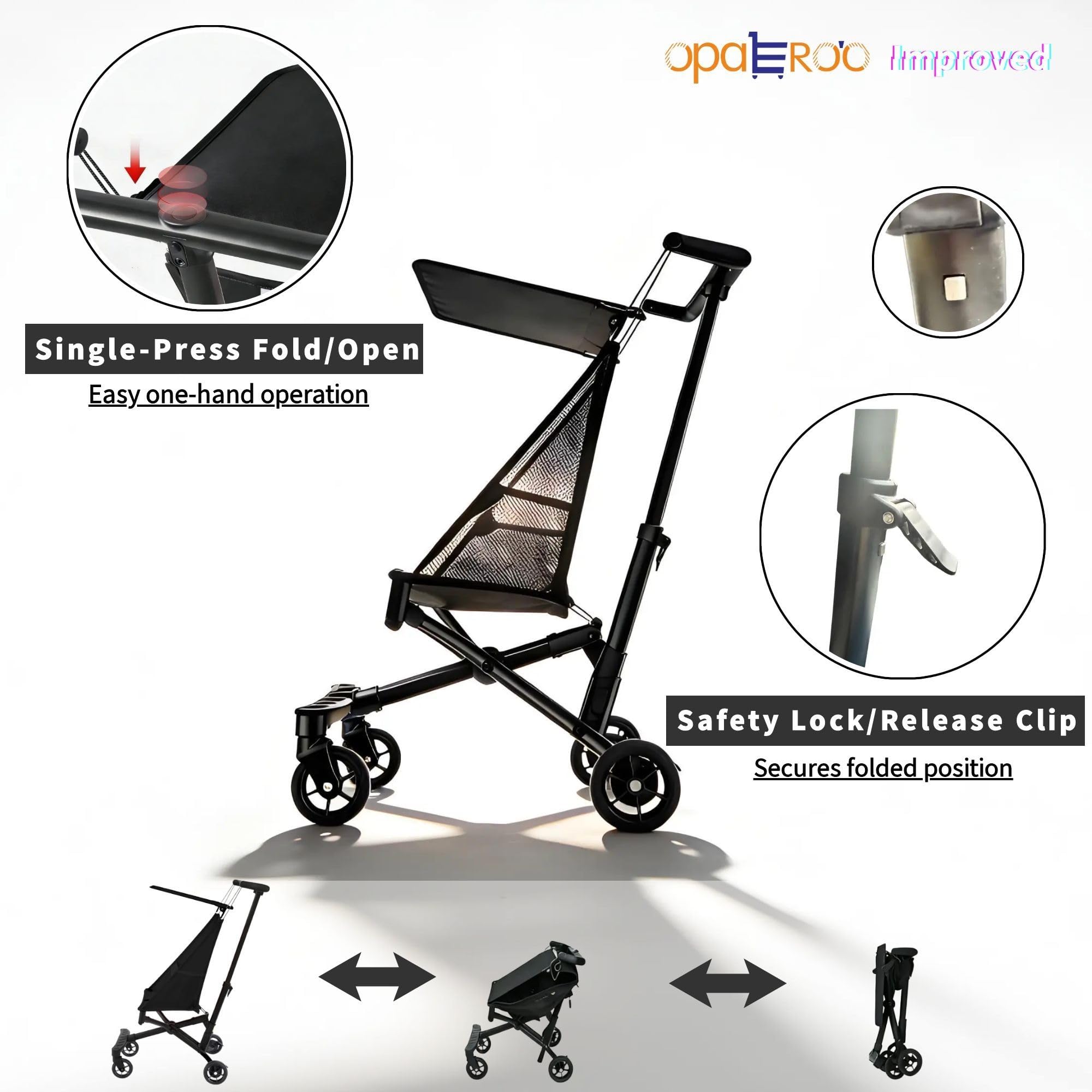 Poussette Bébé Compacte Pliale, 2.8kg Ultra-légère à Mécanisme Un Clic, Poussette De Voyage Approuvée Avion Avec Coussin Cartoon Amusant Pour Enfants 0-4 Ans, 4 Couleurs black2