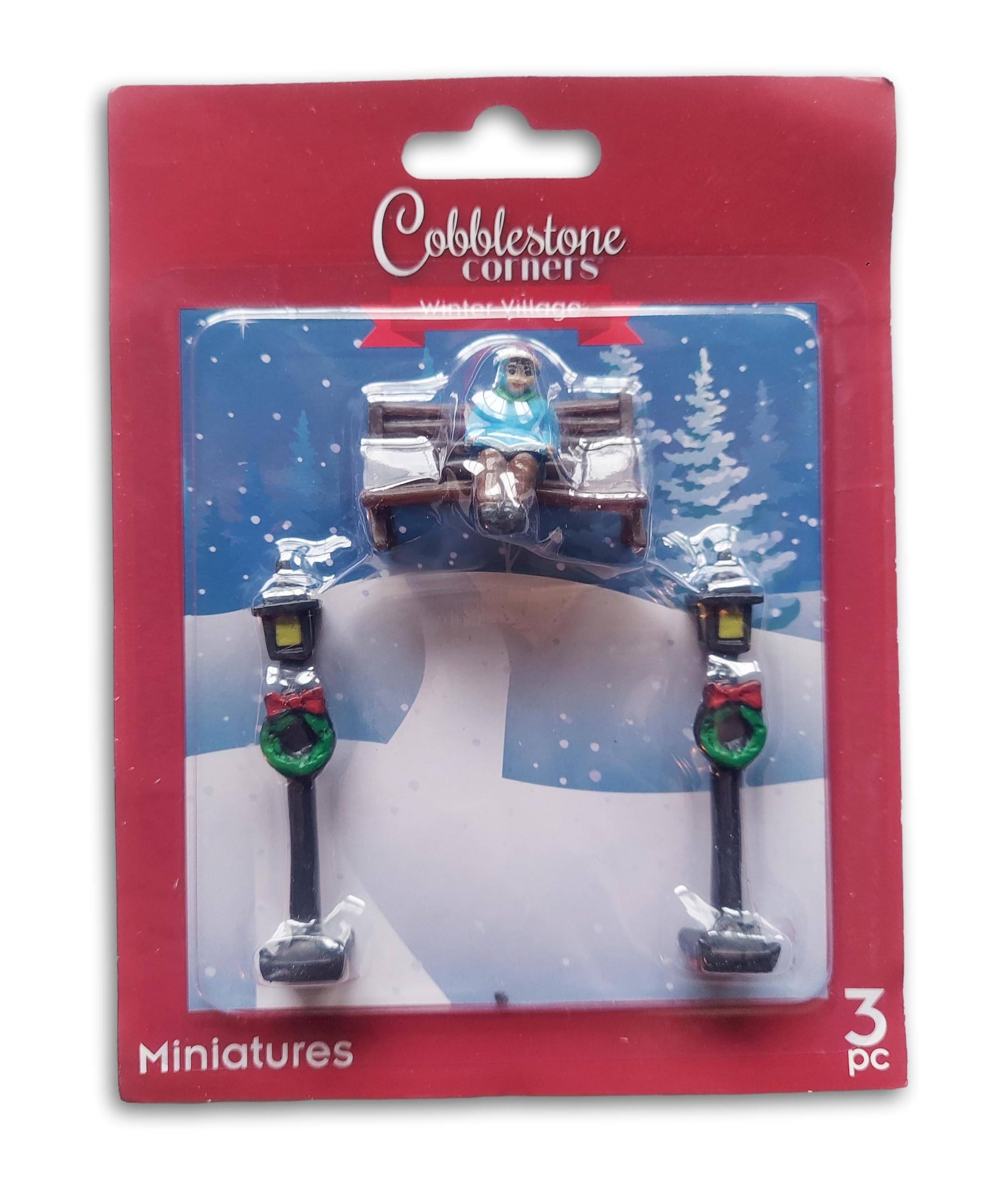 Christmas Crafts Cobblestone Corners Village Collection Piece Figurine Miniatures - 3 Pieces (Wreathed Lamp Posts and Sitting Bench)