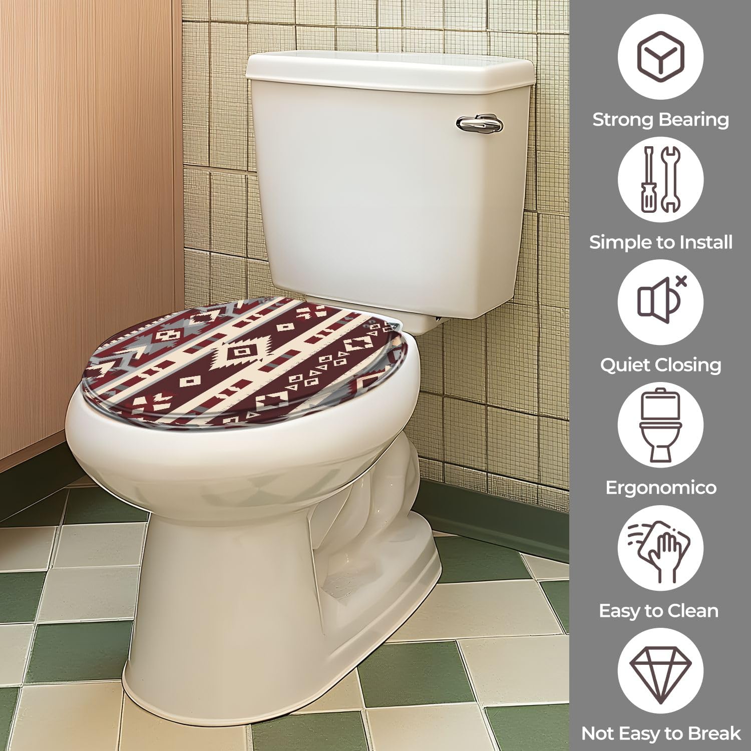 Asiento de inodoro redondo de resina SW Aztec con bisagras QuietClose para baño.