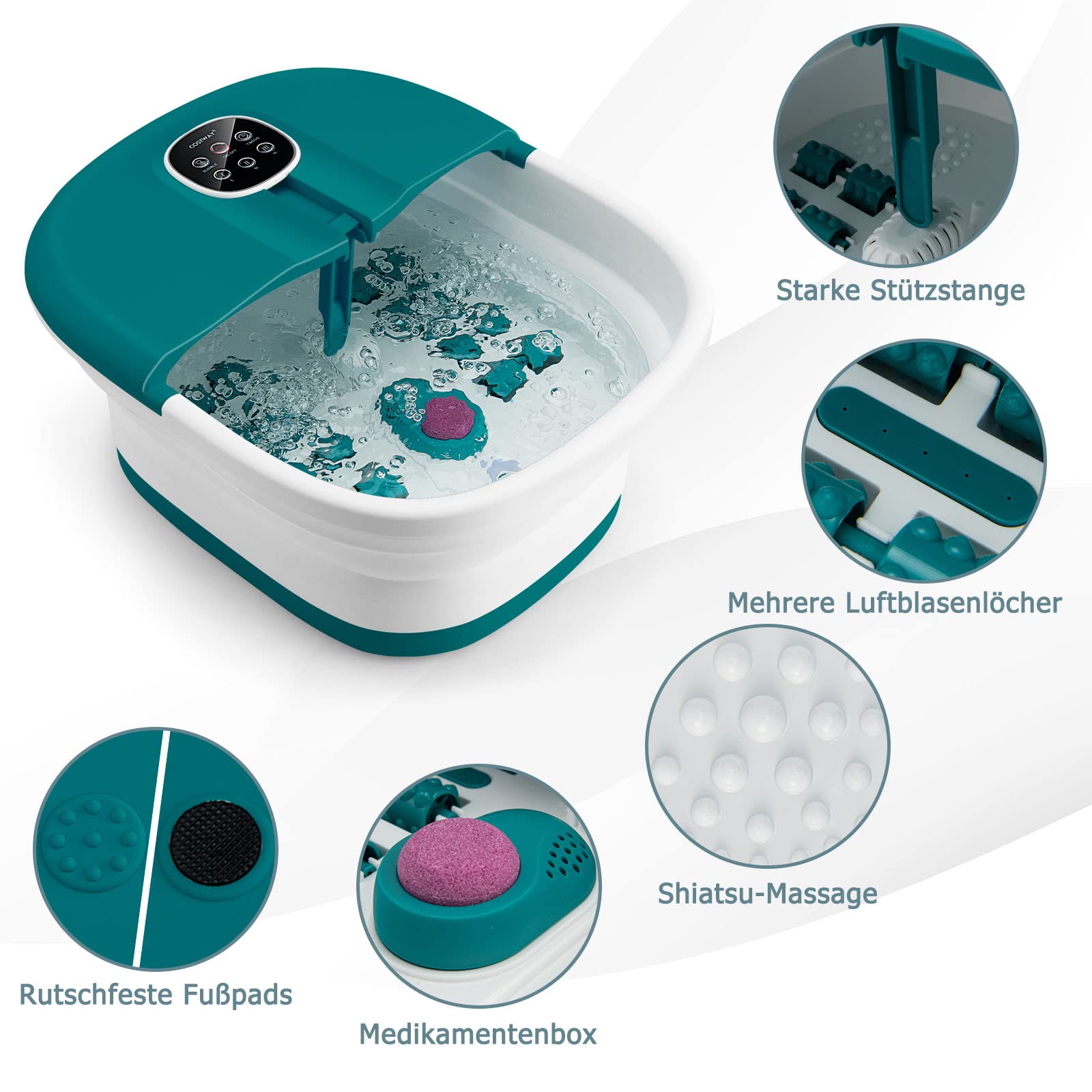RELAX4LIFE Elektrische Fußmassageräte mit Massage & Heizung, 500W, Fußsprudelbad klappbar mit 16 Shiatsu-Rollen & Pediküre-Bimsstein, 20/60 min. Timer, 41/43/45℃, Fußbad als Geschenk (Türkis)