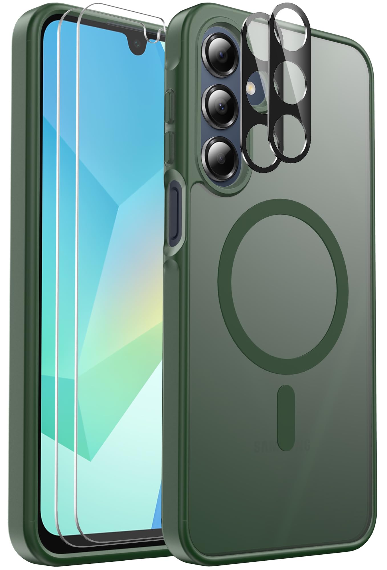 Mangix for Samsung Galaxy A16 5G Phone Case, with 2-Pack Tempered Glass Screen Protector and Camera Lens Protector, Translucent Back Shockproof Phone Cover for Samsung Galaxy A16 5G (Green)