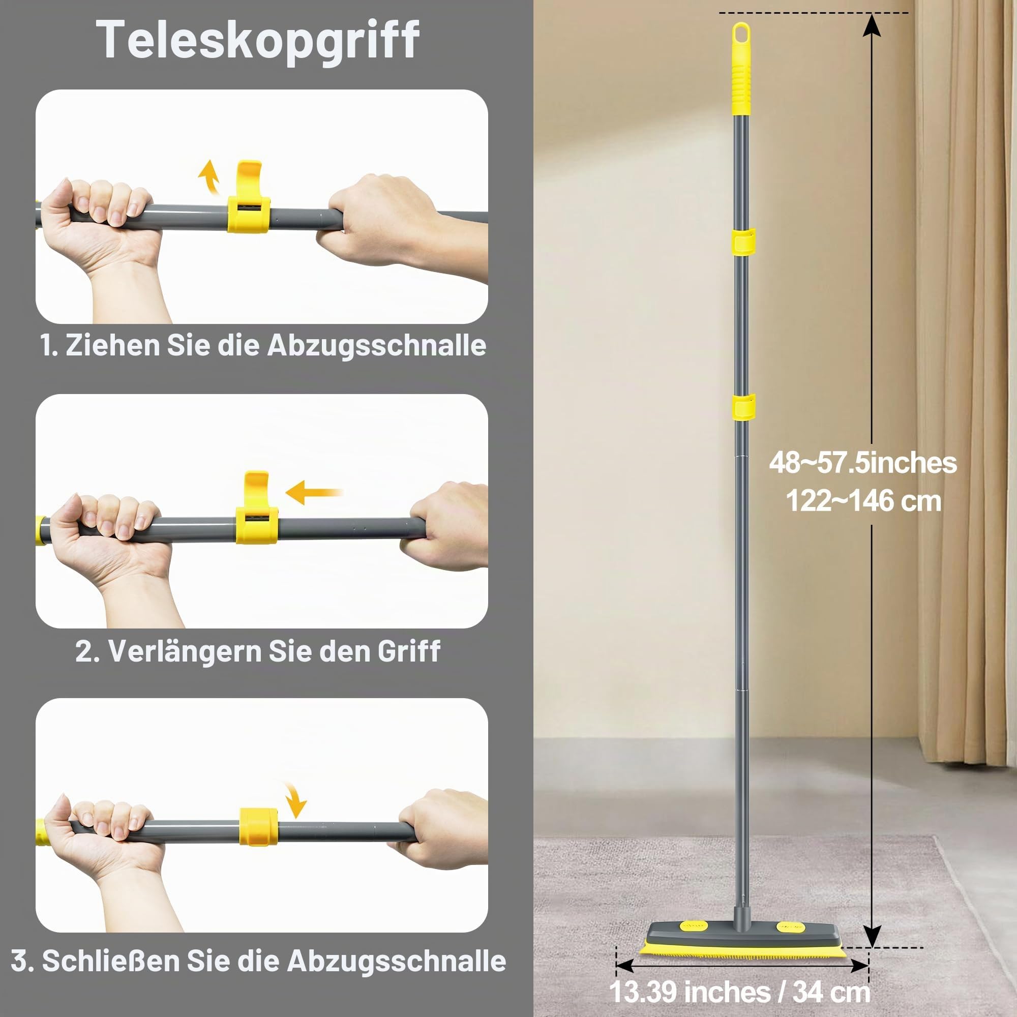 NEWE 3 en 1 Gummibesen mit Stiel 146 cm, Besen Gummiborsten mit Abzieher und Tragbarer Fusselentferner Entfernen von Tiere Katzen Hunde Haare Applicable à la Moquette, aux fenêtres, aux sols carrelés
