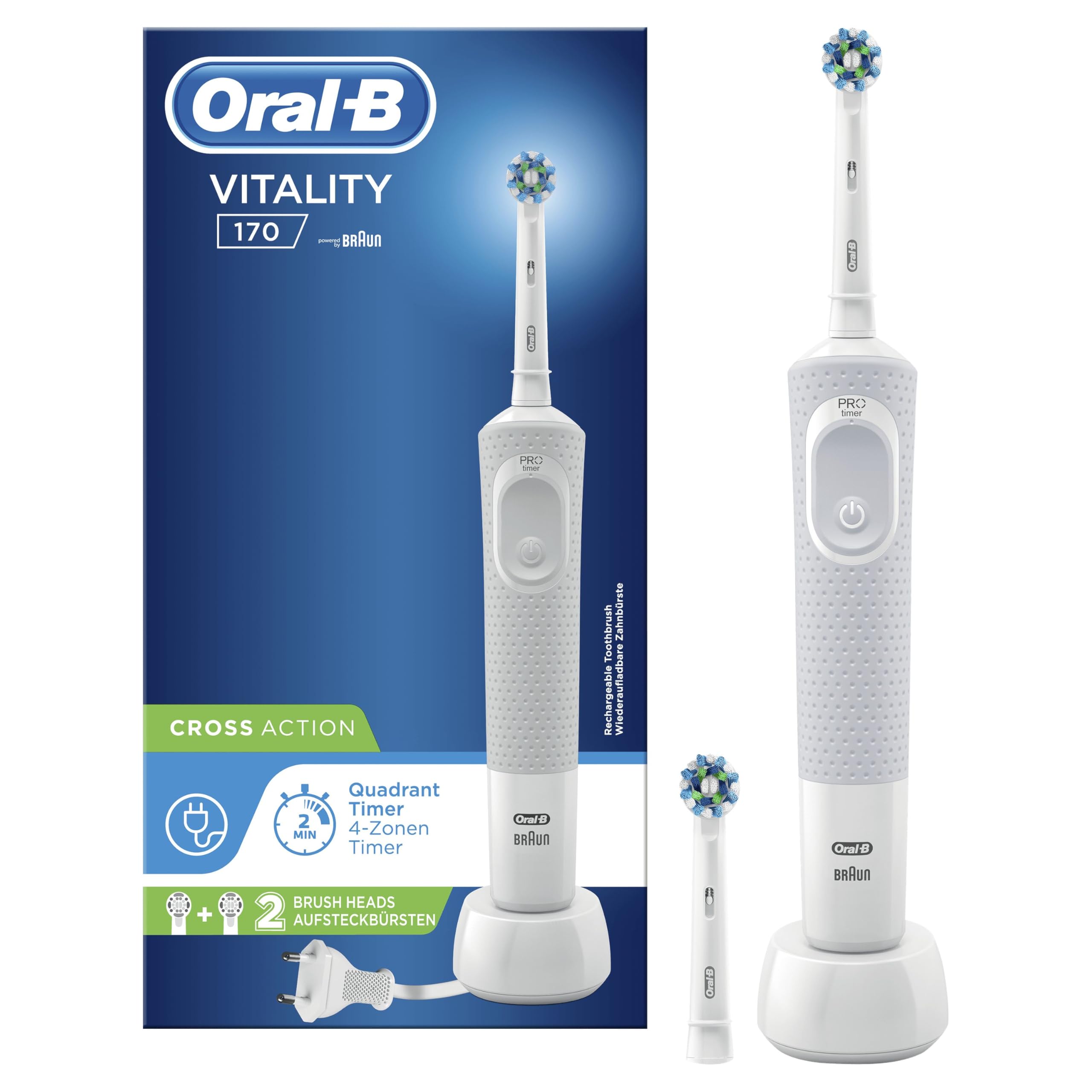 Spazzolino Elettrico Ricaricabile Braun Oral-B Vitality 170 CrossAction Bianco con 1 Manico 2 Testine