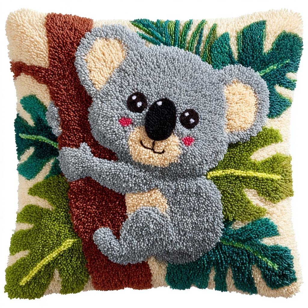 Taxpy Latch Hook Kits, Koala Pillow DIY Rug Crochet Hook Cushion Making Kits Preprinted Pattern Canvas Handmade Rug Pillow Hooking Kit 43x43cm