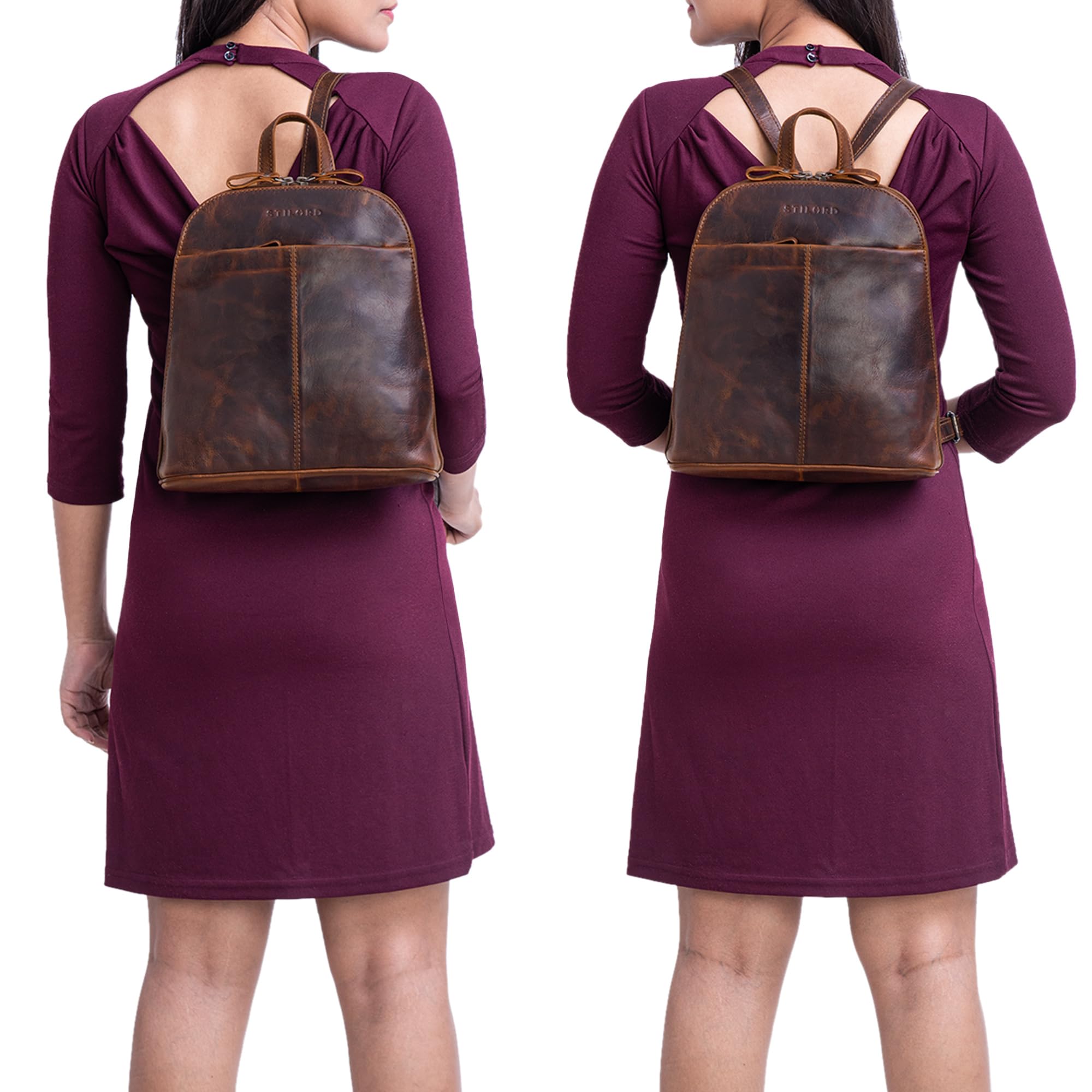 STILORD Olivia City Rucksack Damen Leder Daypack Kleiner Lederrucksack Rucksackhandtasche zum Ausgehen für 9,7 Zoll iPads und 10,1 Zoll Tablets echtes Leder Farbe:Florida - braun