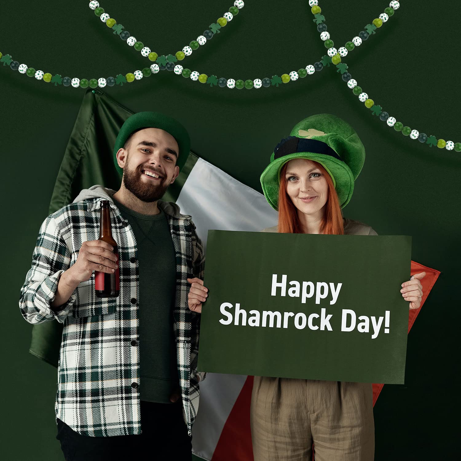 Whaline Holzperlen-Set St. Patrick’s Day – 220 Stück Mit Hanfseil, Grün-weiß, Kleeblatt & Streifen