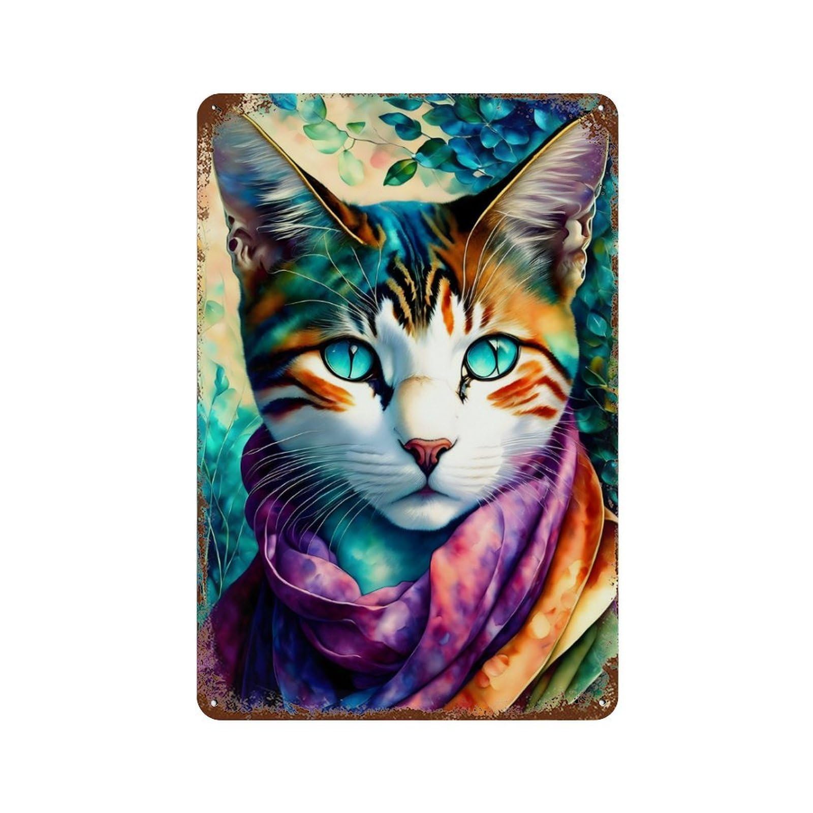 Colorful Cat Scarf Artwork Aged Metal Wall Plaque 11.8"x7.9", Classic Wall Plaque for Garage, Pub Or Kitchen