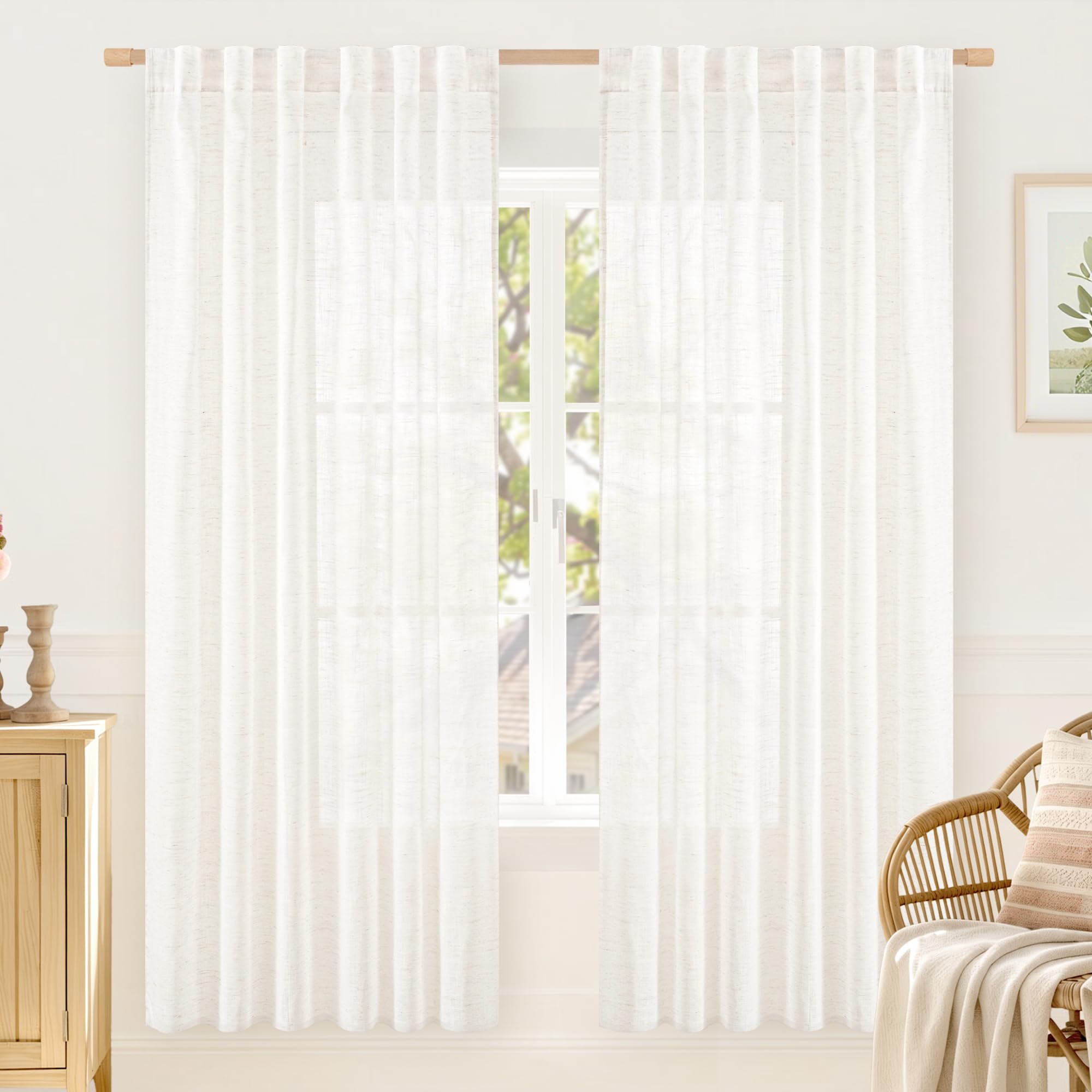 LAMIT Natural Linen Semi Sheer Curtains 84 Inches Long 2 Panels, Living Room Linen Textured Light Filtering Drapes Back Tab and Rod Pocket Neutral Window Panels for Bedroom/Sliding Door, 52 x 84 Inch — view 24