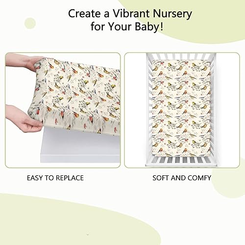 Miniatura 6 de Sábanas bajeras ajustables para cuna con temática de pájaros, sábanas portátiles para minicuna de material ultra suave, ideal para habitación de