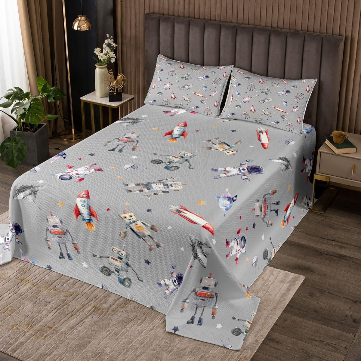 Boys Robot Bedspread Queen Size,UFO Spaceship Astronauts Comforter Set for Kids Teens Child Room Decor,Cute Aircraft Stars Print Bedding Set Space Adventure Black Coverlet Quilt,2 Pillowcases