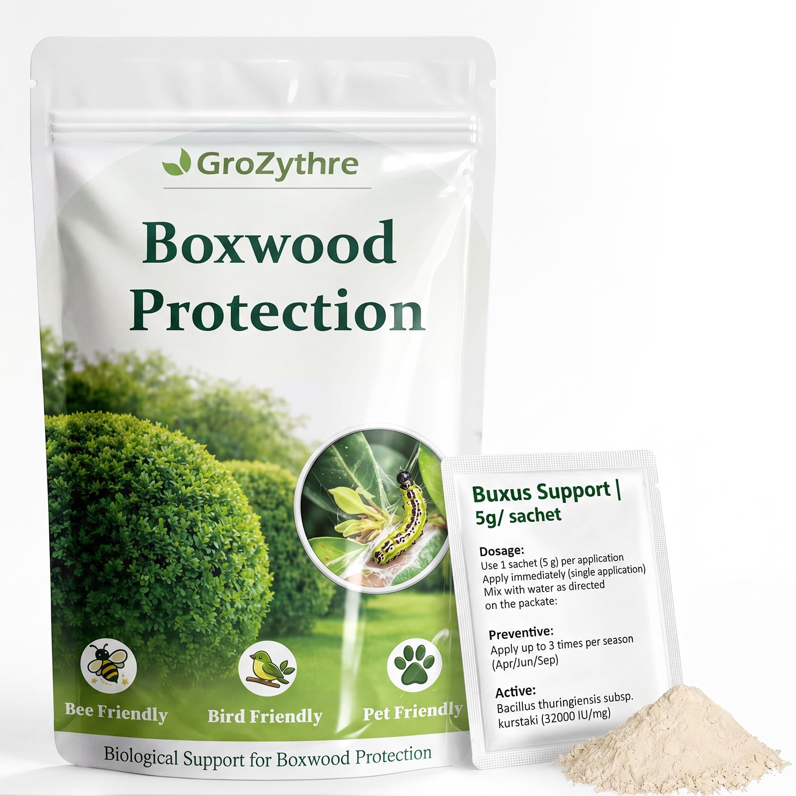 Boxwood Caterpillar Rescue Treatment, 50g Covers Up to 400m²,Fast Acting Buxus Hedge Spray, Bee & Bird Safe, Pet Friendly, Individually Wrapped