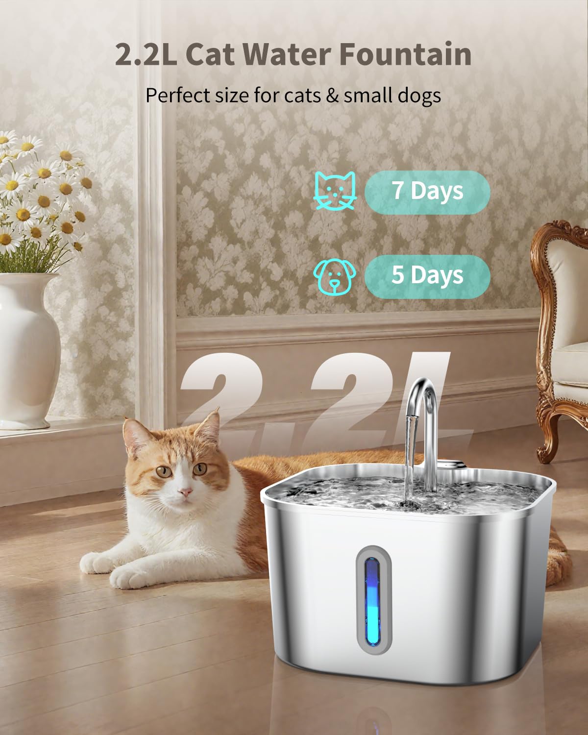 Fuente de agua para gatos de acero inoxidable, 74 onzas/2.2 L fuente para gatos con bomba silenciosa, dispensador automático de agua para mascotas, ideal para hogares con múltiples mascotas, agua