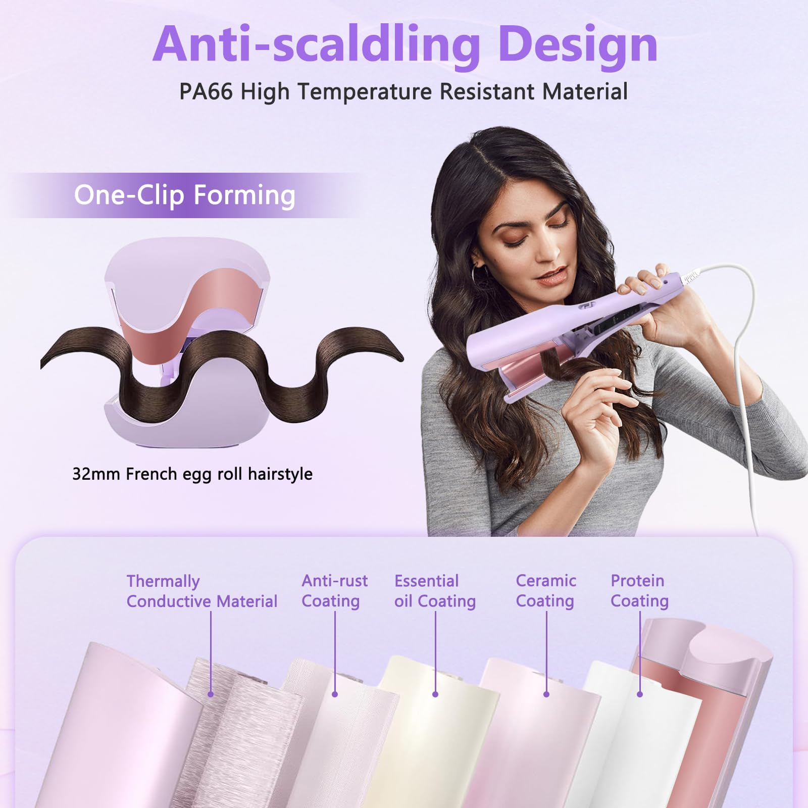 Fer à Boucler, 2 Têtes Barils wavy Fers à Friser Onduler, 32mm Fer à Onduler Céramique, Professionnel Friser Wavy Barils en Température Réglable 160-220° C Bigoudi Styling Outils Cheveux (Violet)