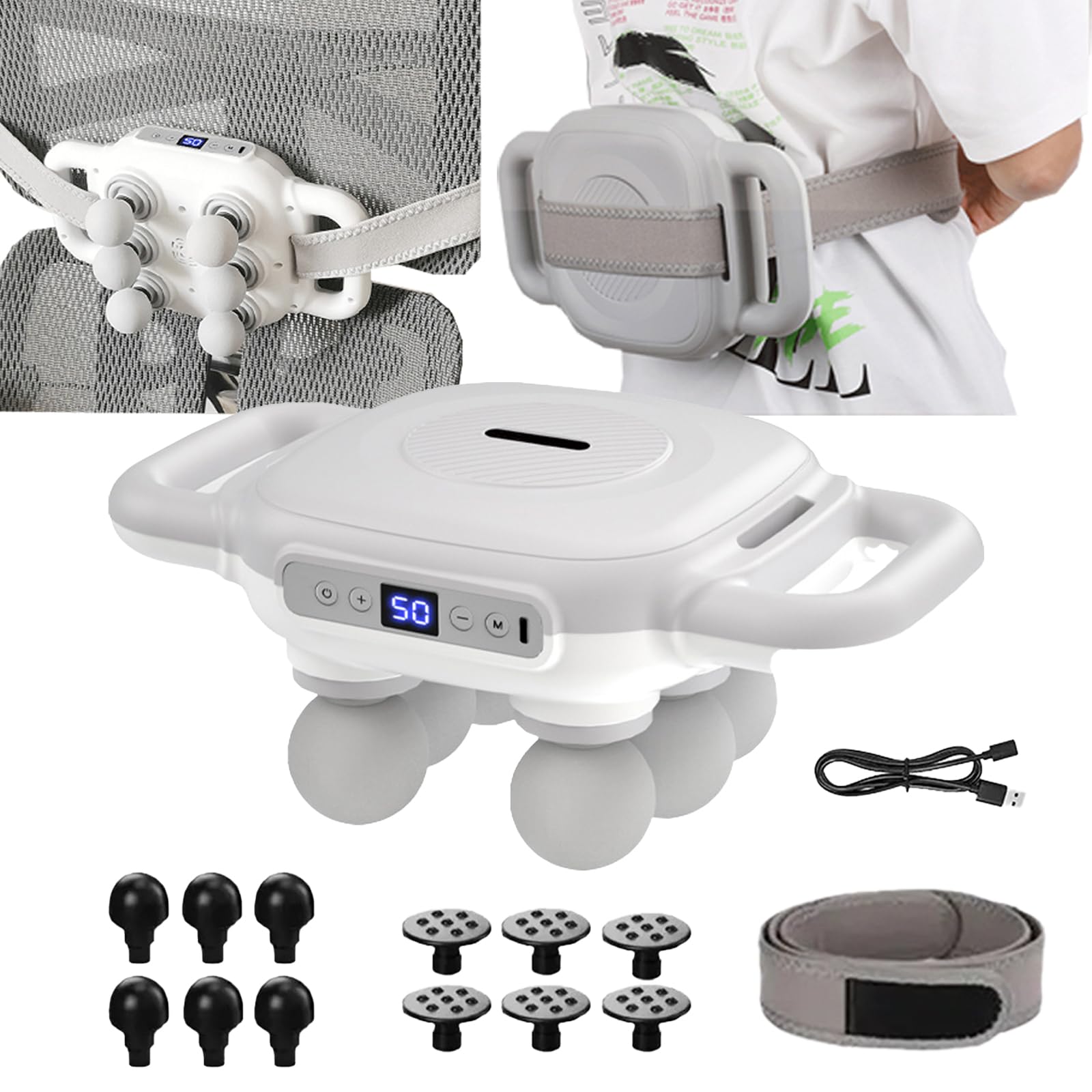 Pistolet De Massage, 1500 Mah Masseur Musculaire à 6 TêTes Avec 18 TêTes De Massage Ceinture Abdominale Et 50 Vitesses Pour Soulager La Douleur Du Dos De La Taille De L'Abdomen Et Des Jambes