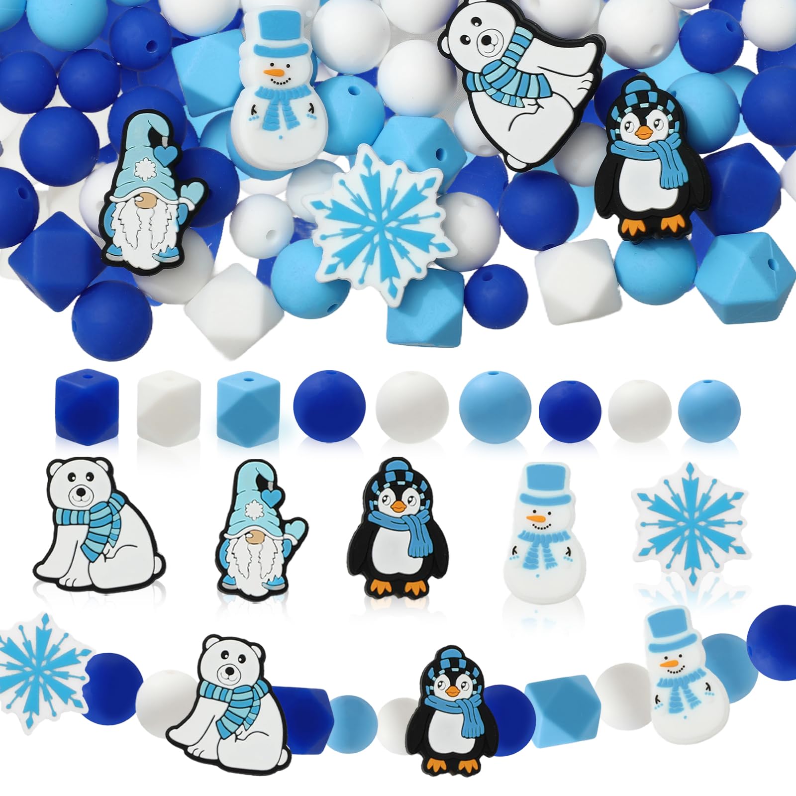 JarThenaAMCS 92Pcs Winter Silicone Beads with Elastic Rope Blue Snowflake Snowman Gnome Round Hexagon Loose Rubber Beads for Christmas DIY Crafts