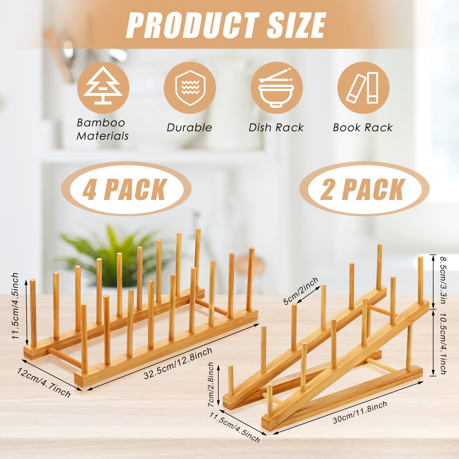 6 Pcs Bamboo Dish Rack 8 Slots Wooden Plates Rack Drying Organizer for Cabinet Classroom Book Organize Pot Lid Holder Bowl Cup Cutting Board Wood Display Stand for Kitchen Cabinet Storage Organizer
