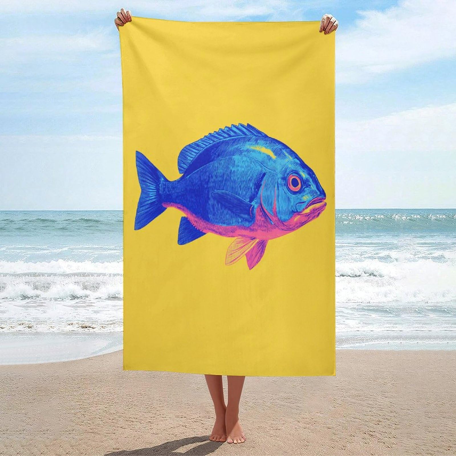 LSRCPD A Single Blue Neon Pink Fish Beach Towel Sand Free Microfiber Large Shower Towels Multipurpose Absorbent for Bathroom Pool 130x80 CM