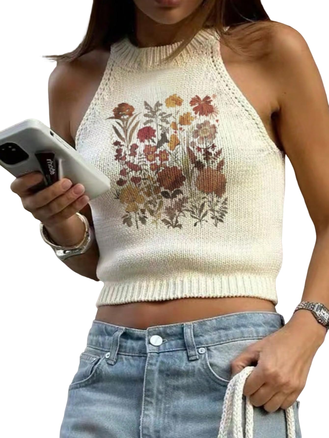 SHENHE Womens Floral Knit Halter Crop Top Crew Neck Sleeveless Retro Tank Tops