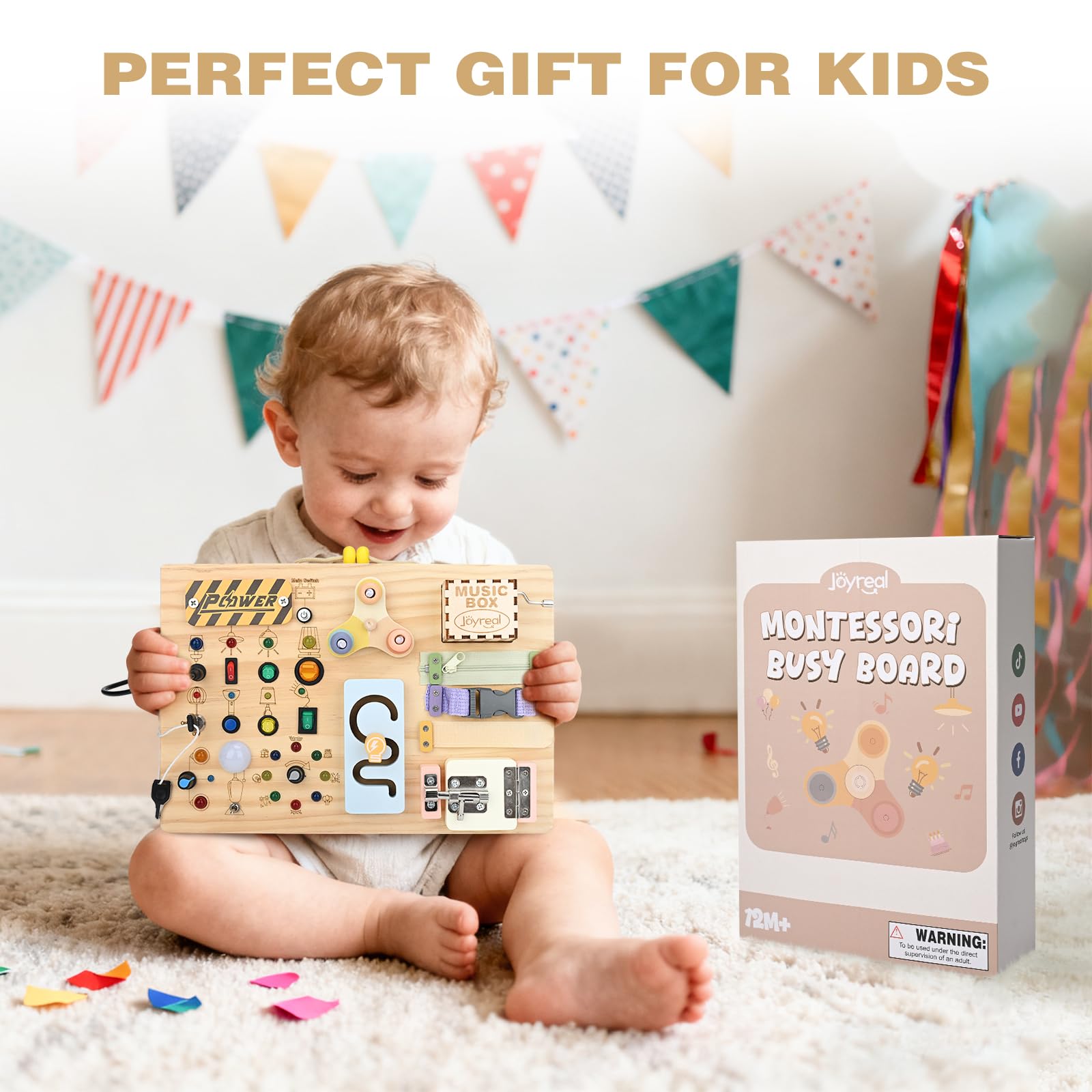 Joyreal Busy Board Juguetes Montessori 1 años, Educativos Sensoriales Avec 19 LED 12 Motricité, Voyage Portables Activity Board 2 3 años, Juguetes Regalos pour Garçons Filles
