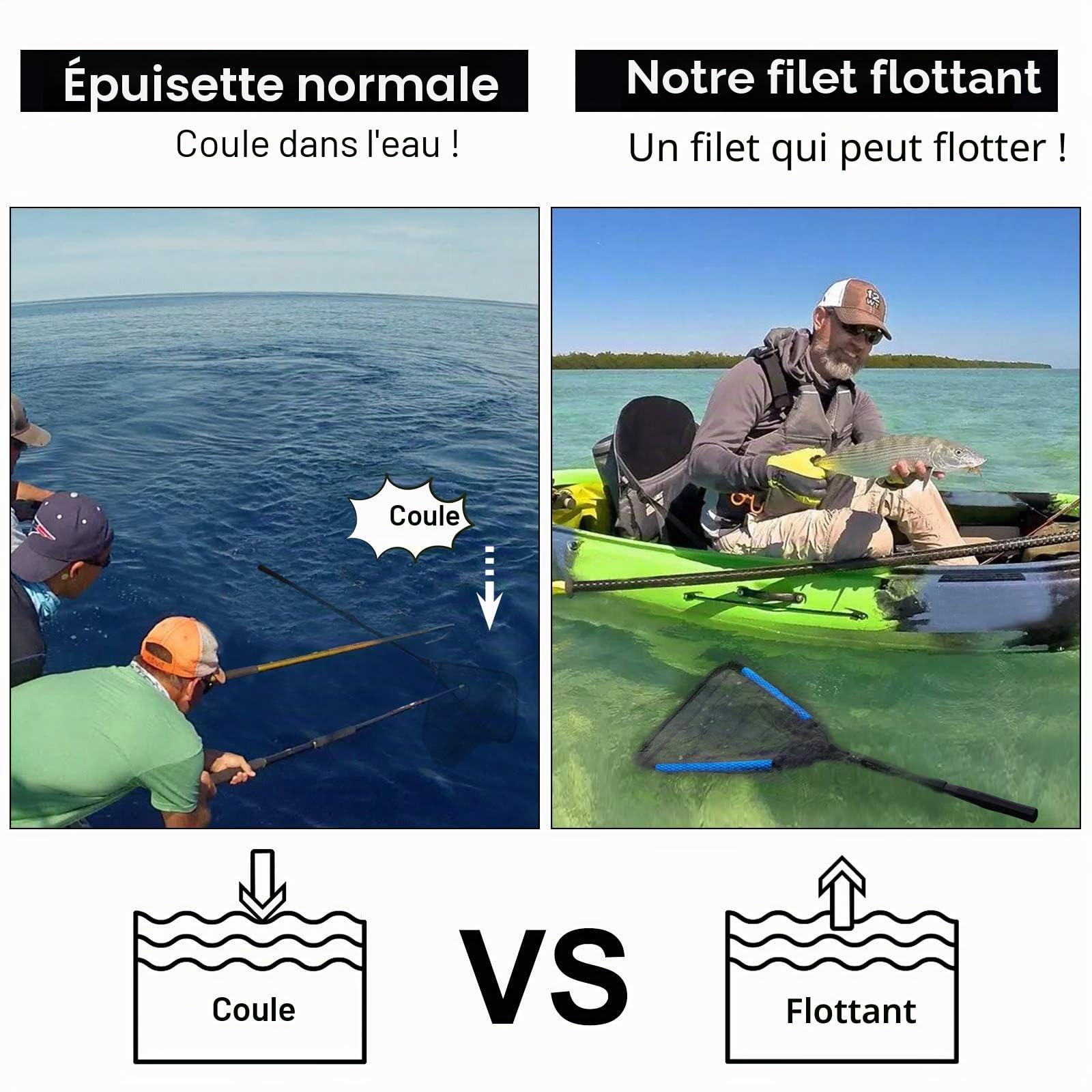 PLUSINNO Filet de pêche flottant avec revêtement en caoutchouc - Facile à attraper et à démouler - Filet de pêche télescopique pliable pour eau douce ou salée