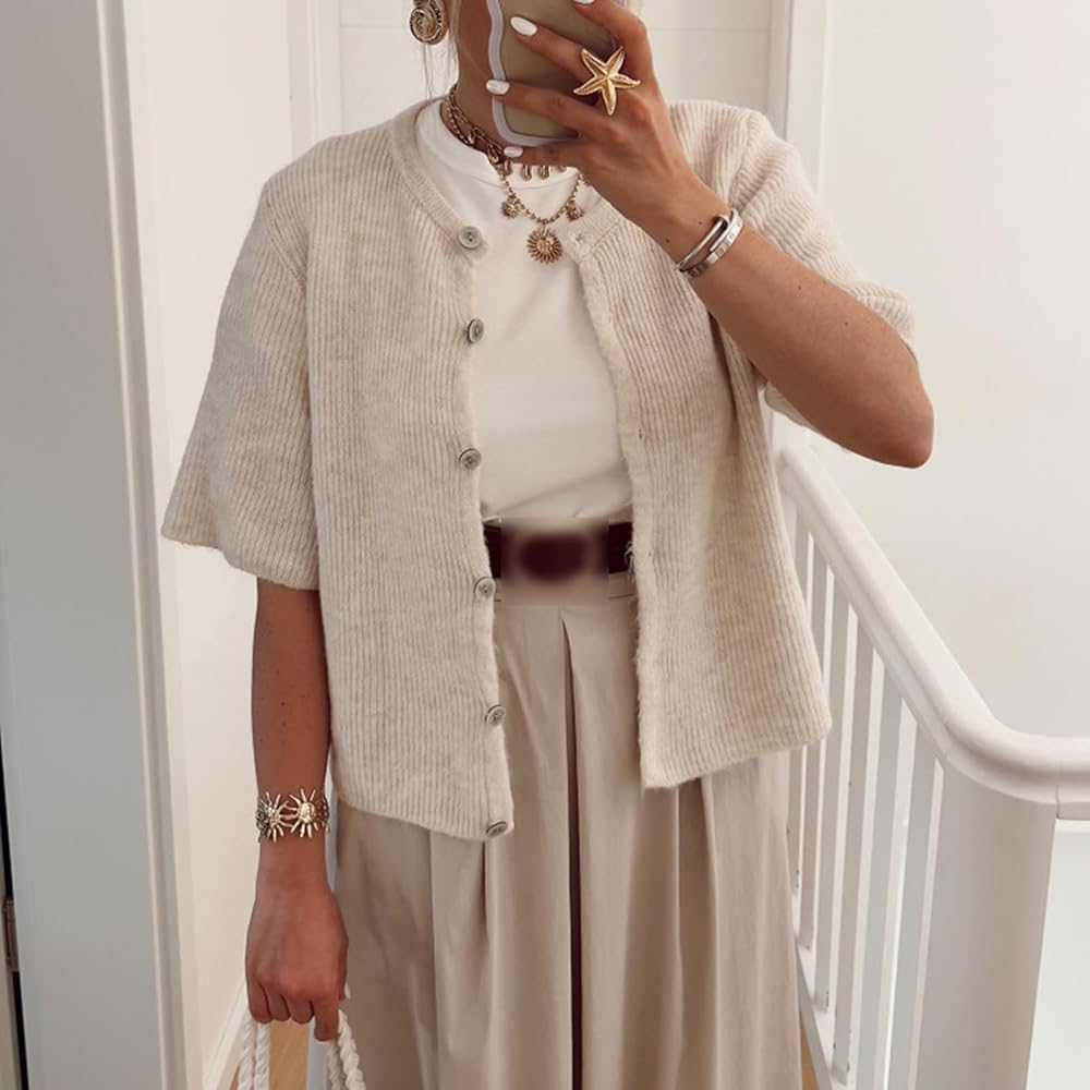 Women's Lightweight Button Up Knit Cardigan Short Sleeve