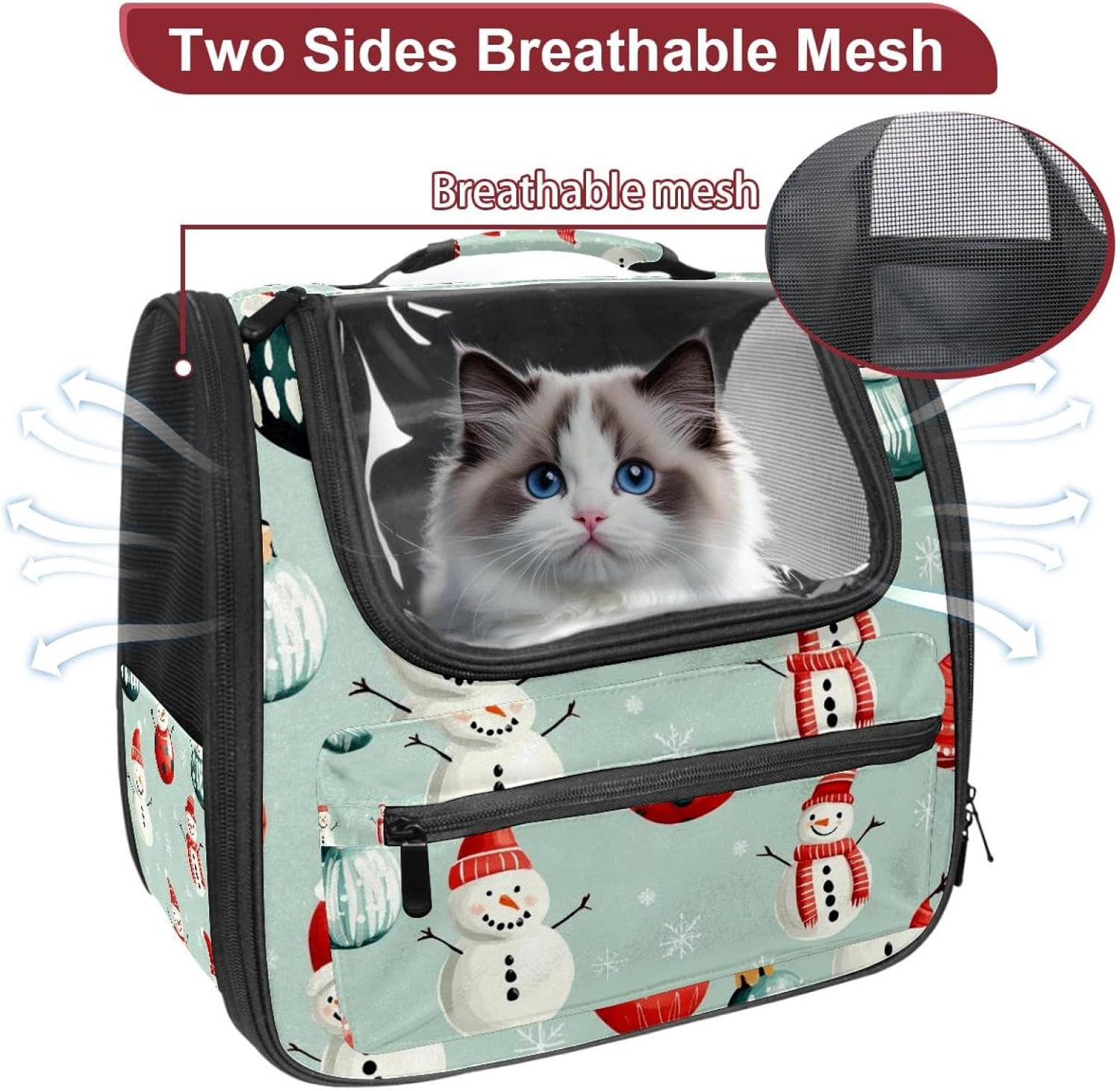 Portable Travel pet Backpack Carrier Hamster Bag Small Dog cat Carrier Breathable Hang Bag, Merry Christmas Snowman