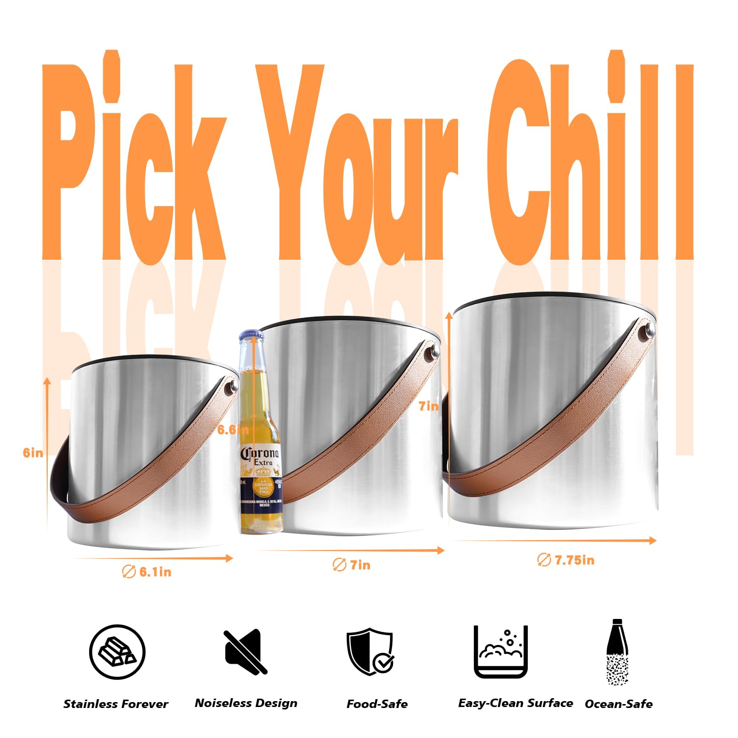 Bakpoco Cubo de hielo aislado de doble pared de acero inoxidable con tapa, cuchara, pinza, colador, mango de cuero para mantener el hielo congelado durante más tiempo, cubos de hielo grandes para
