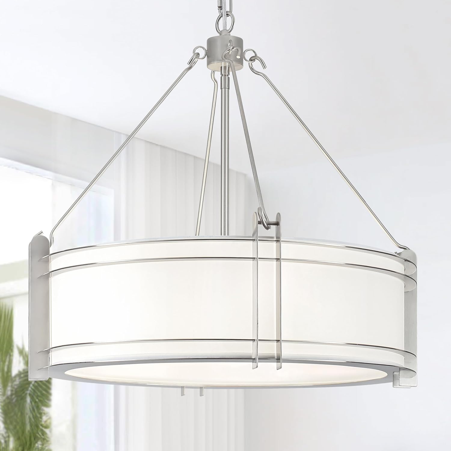 Photo 1 of 20.4''Drum Chandelier,5-Light Brushed Nickel Modern White Fabric Chandeliers,Farmhouse Round Pendant Light Fixture for Dining Room Kitchen Island Living Room Bedroom Hallway 