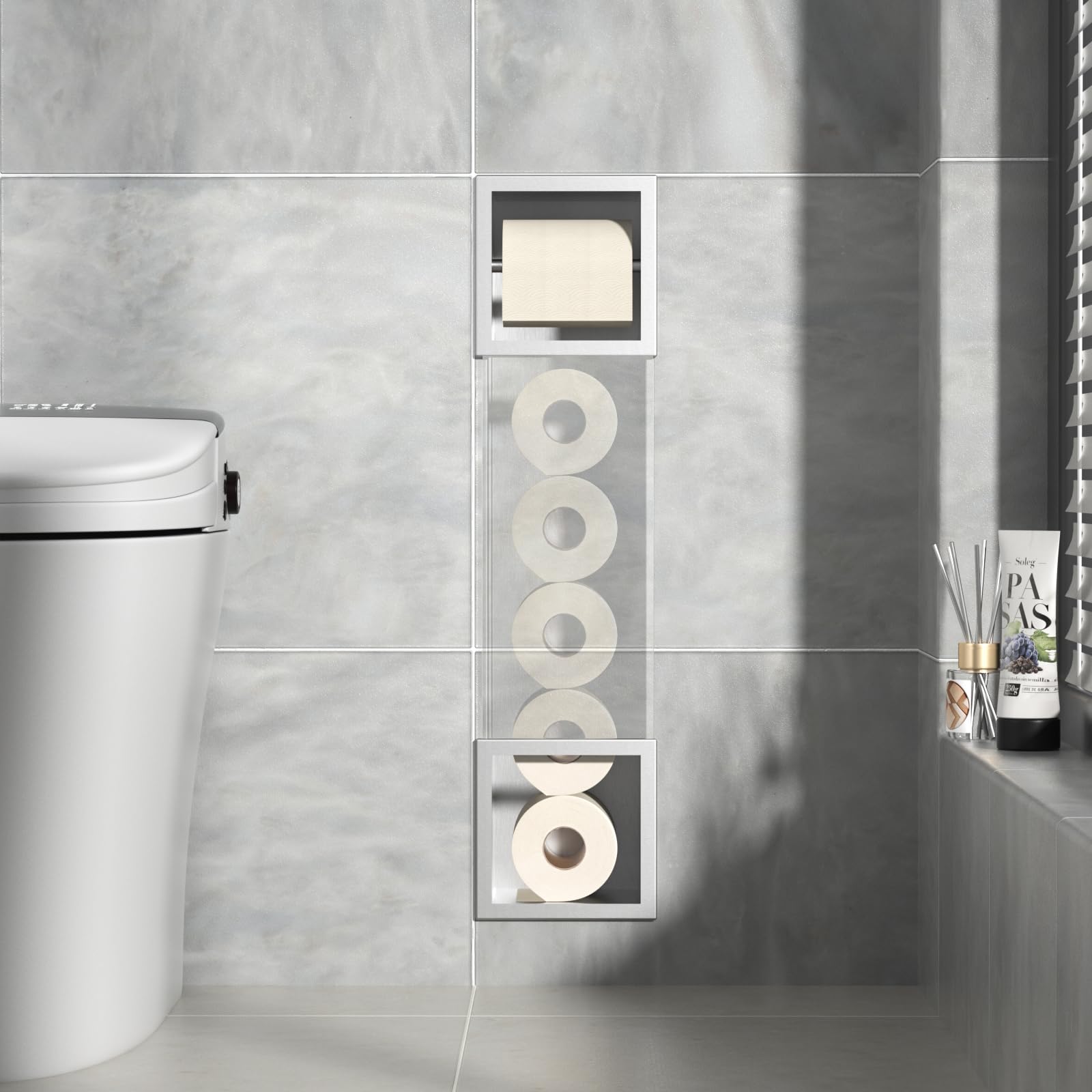 Unterputz Toilettenpapierhalter 74×20.8×14cm,Edelstahl KloPapierhalter für Toilettenpapier Aufbewahrung,Unterputz-Schrankmodul für Toilette,Silber