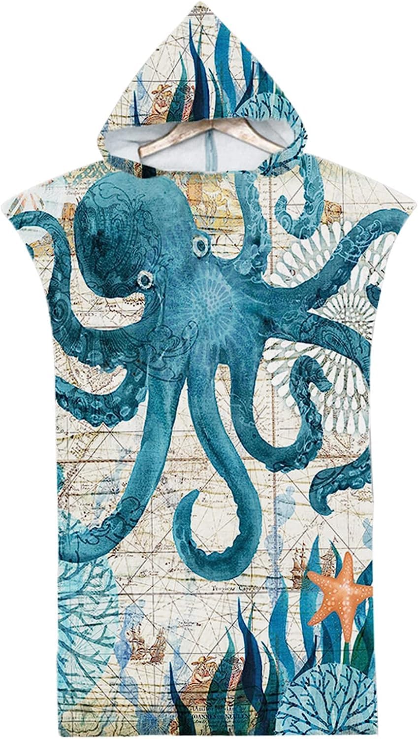 Treer Women's Octopus Changing Robe Hooded, Adult Poncho Towel Microfibre Quick Dry Light Weight Towel For Men Beach Swimming Surfing Wetsuit Changing Camping Travel (75X110cm,)