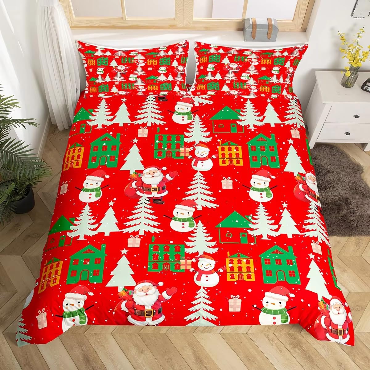 Housse de couette de Noël pour habiller la chambre d'enfant avec sapins et bonshommes de neige