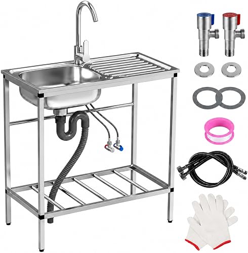 Outdoor Utility Sink, Stainless Steel Freestanding Single Bowl Kitchen Sink with Hot and Cold Taps, Outdoor Sink with Hose Hook Up, Garden Sink Station with Storage Shelf for Backyard, Garage, Camping