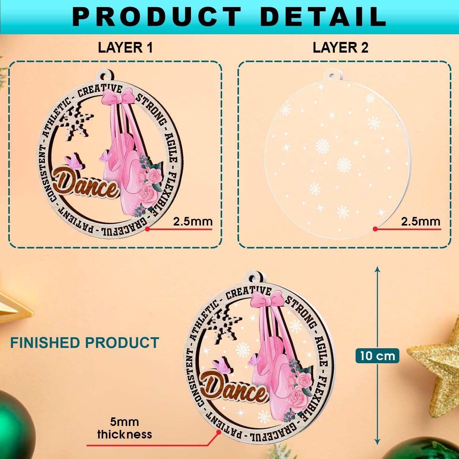 Dance Christmas Ornaments, Ballet 2 Layer Wood & Acrylic Ornament for Girl, Kids Dancer Ornament Decoration, Sports Fan Ornaments 2025, Dance Gifts for Christmas Decor.