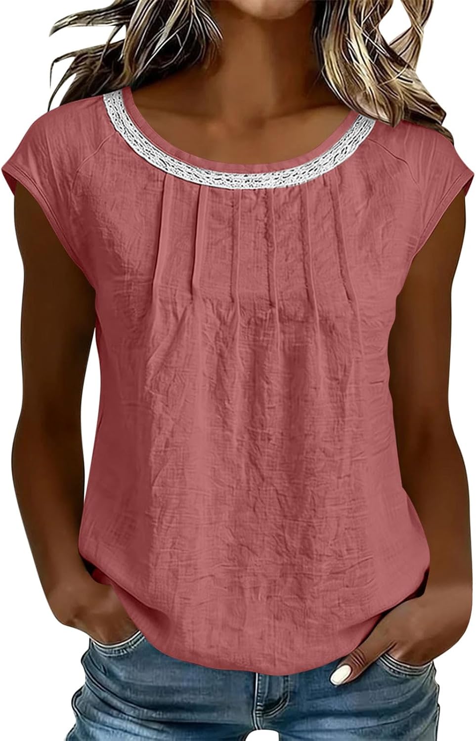 Round Neck Cotton Linen Top for Women, Raglan Short Sleeve Ruffled Lace Trim Shirt, Solid Casual Blouse for Daily