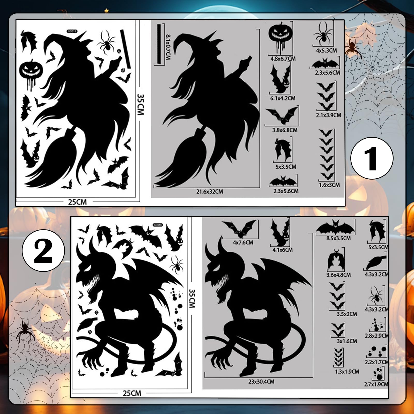 6 Autocollants Fenêtre Halloween Géants - Sorcière, Araignée - 34x72 Cm - Adhésif électrostatique Sans Trace