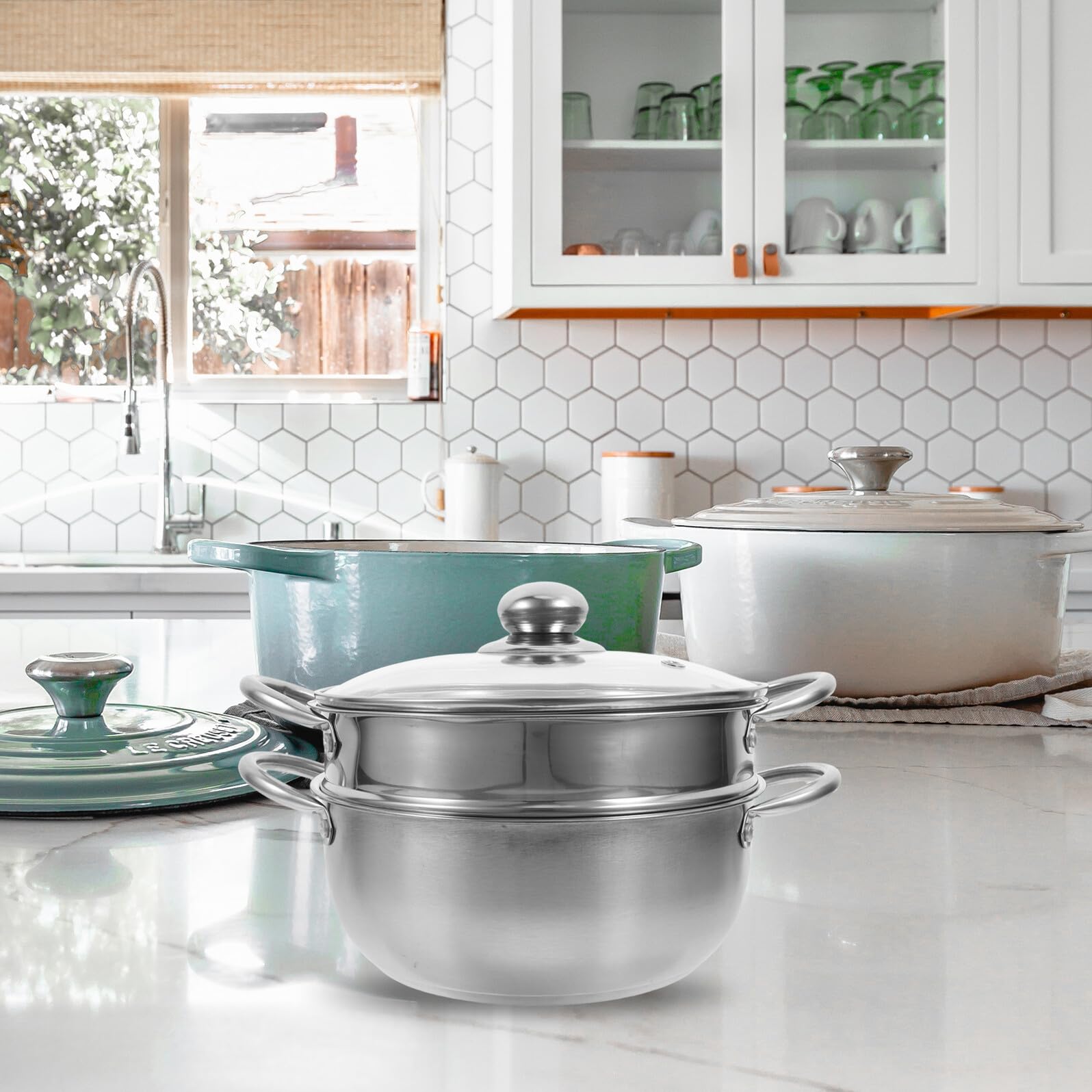 Olla Vaporera de Acero Inoxidable de Doble Capa Gran Capacidad para Cocinar al Vapor y Cocinar Simultáneamente en Cocina Doméstica