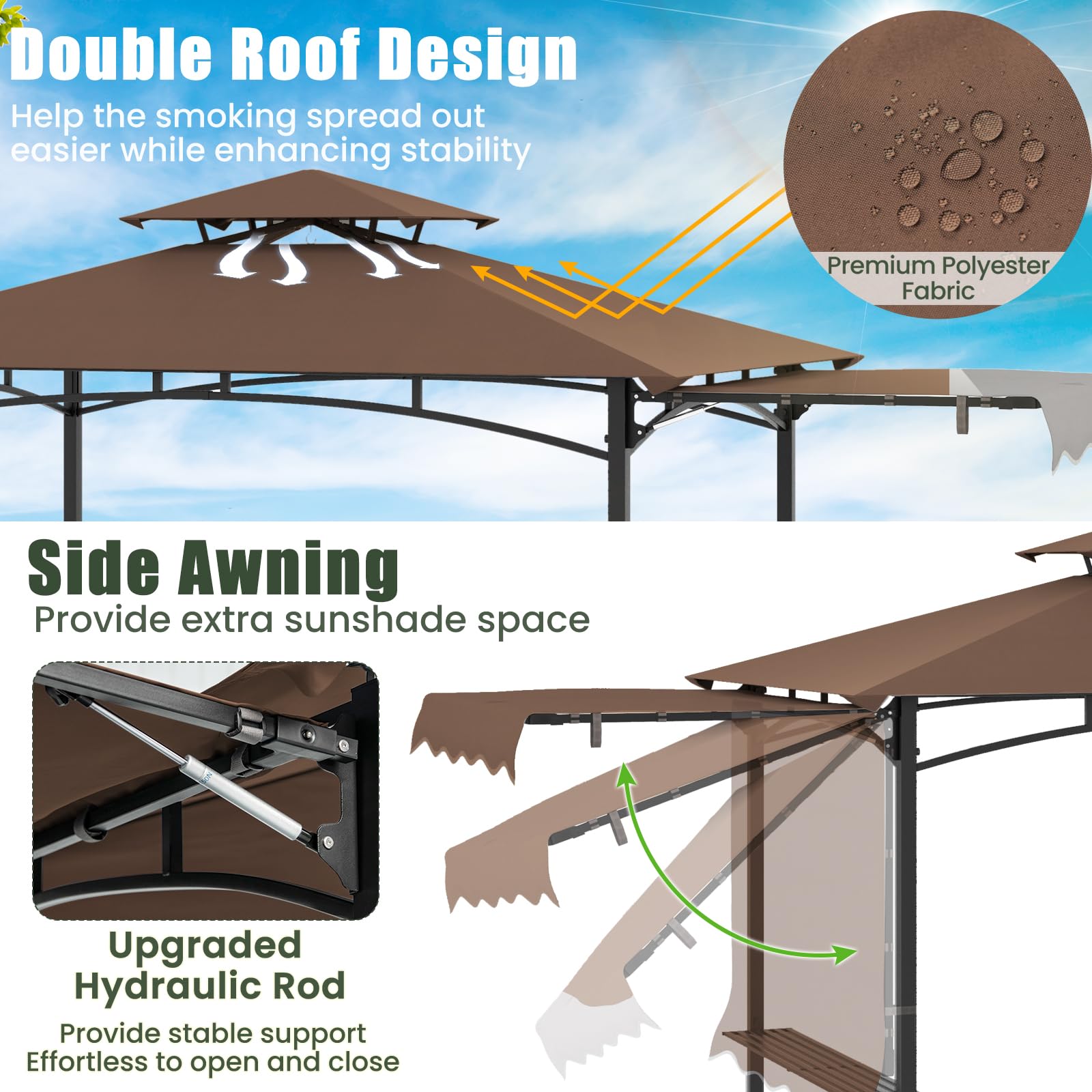 HOMASIS 3 m Tonnelle de Jardin Pliante Extérieur avec Auvent Latéral, Gazebo Barbecue avec Double Toit, 2 Tables, Crochets et Ouvre-Bouteilles, Pergola de Réception Résistant aux Intempéries (Brun)