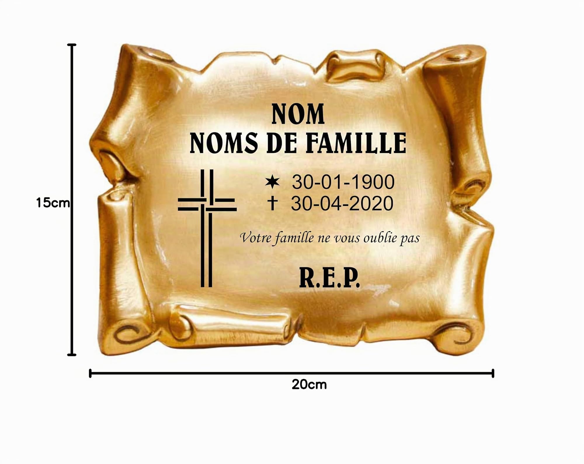 Placa Grabada para Cementerio | Pergamino con Relieve y diseño Cruz | Placa Conmemorativa de Latón con Acabado en Bronce | Tamaño 20 x 15 cm