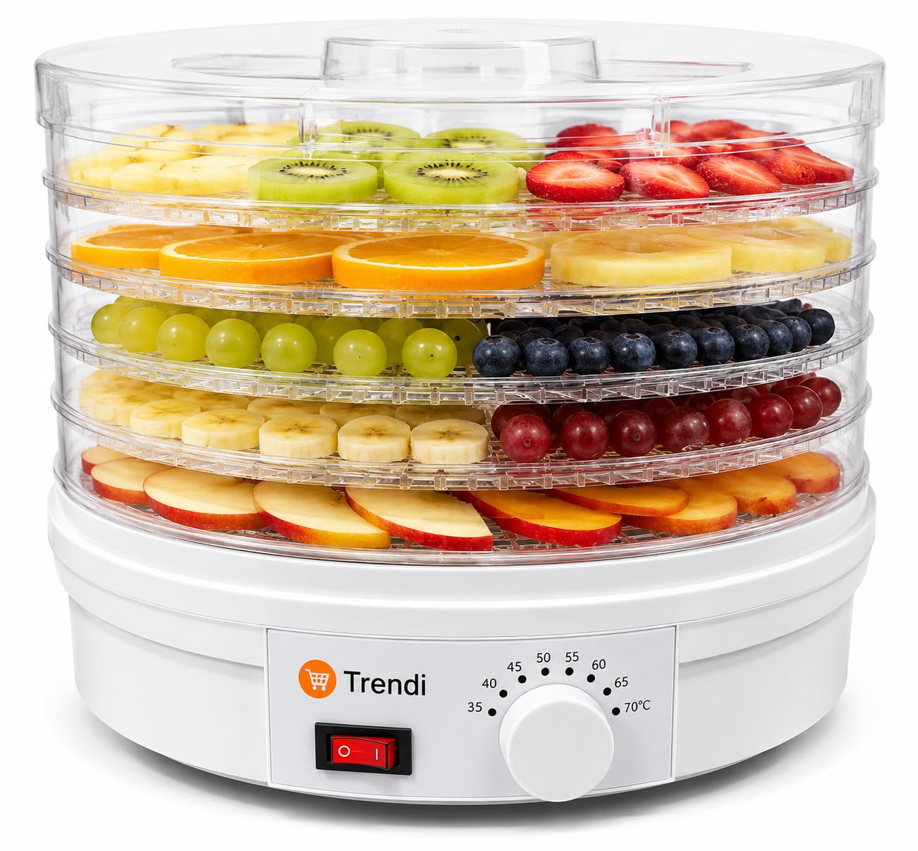 Trendi Food Dehydrator 5 Tier – Fruit Dryer 250W with Adjustable Temperature Control from 35-70°C, Removable Trays, for Drying Jerky, Meat, Fruit, Vegetables and Healthy Snacks BPA Free