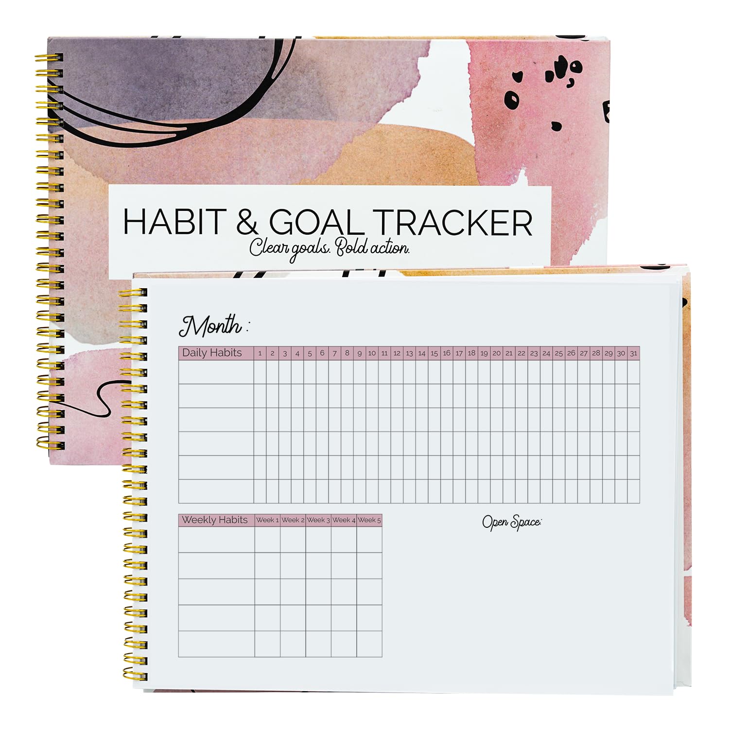 Habit Tracker & Goal Planner with Mood & Savings Trackers (8.75" x 11.25") - Undated Weekly & Monthly Habit Tracking - Goal Setting Journal - Spiral Binding with Modern Watercolor Design