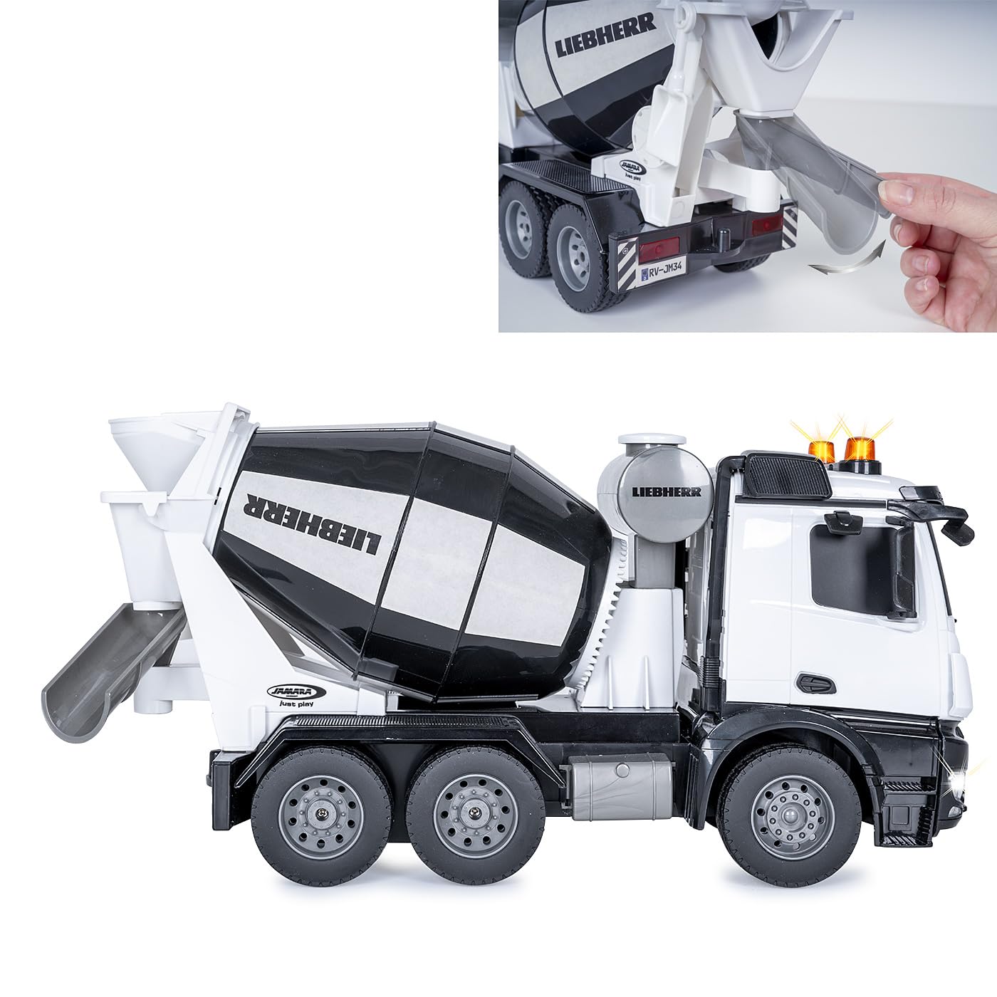 JAMARA Frullatore Mercedes Benz Arocs Liebherr 1:20 2,4 GHz – licenza ufficiale, allarme retromarcia, 4 ruote motrici, pneumatici profilati, luce LED, tamburo di miscelazione girevole con funzione di