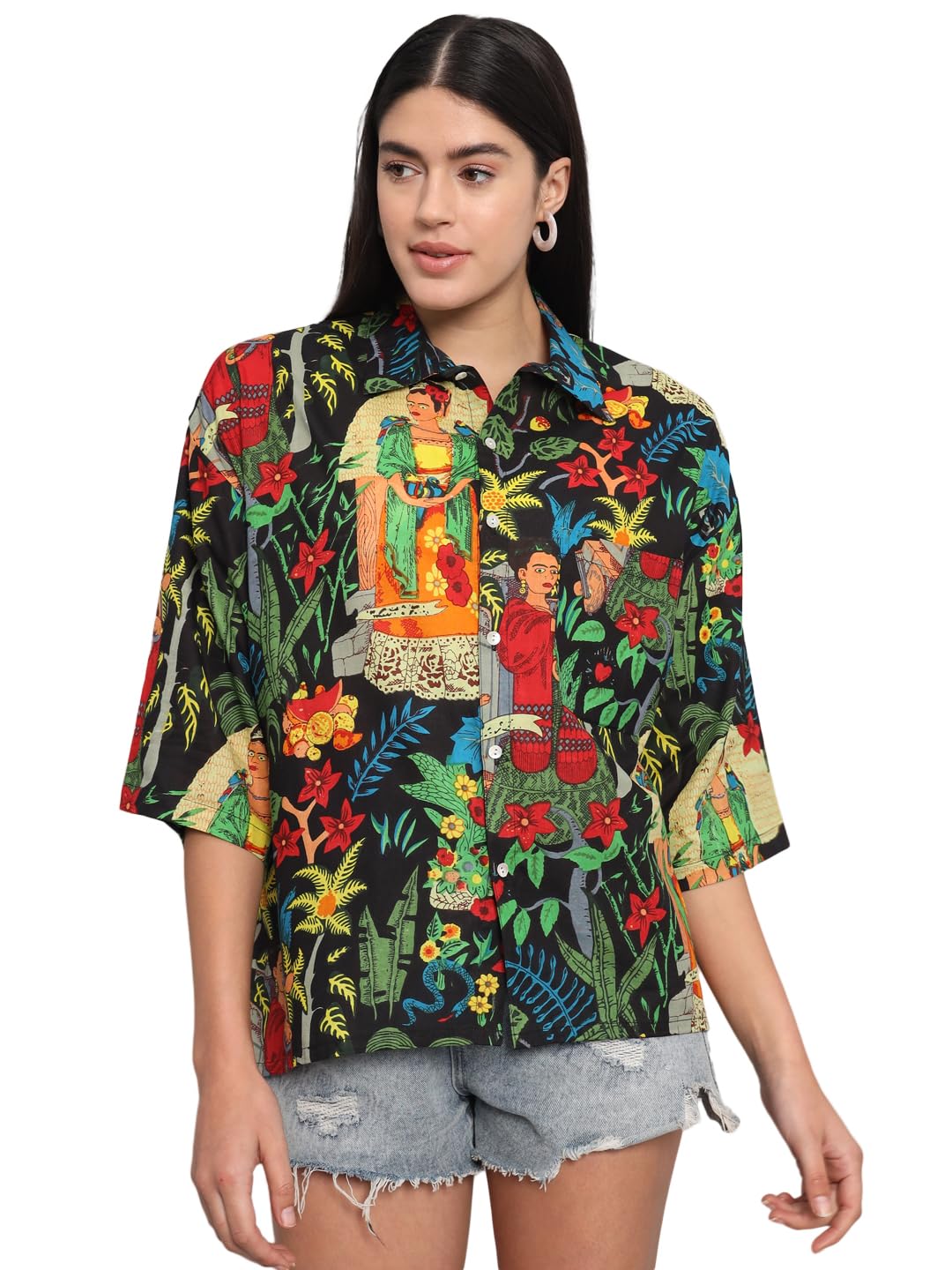 ravaiyaa - attitude is everything Women 100% Cotton Printed Oversized Loose Fit 3/4 Sleeves Spread Collar Neck Shirt-picture-17