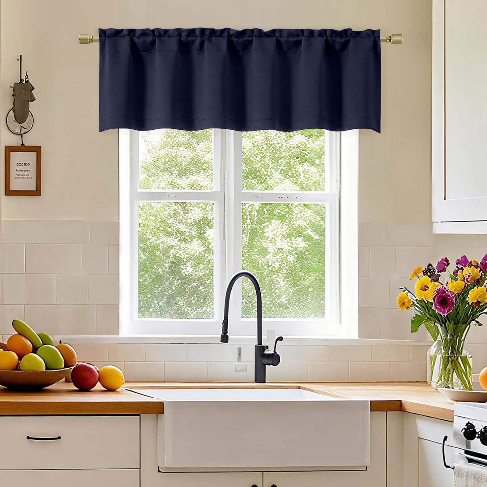 Simplebrand Navy Blue Valance for Windows, Short Blackout Curtains for Kitchen/Small Windows with Rod Pocket，Thermal Insulated Solid Curtain Valance,