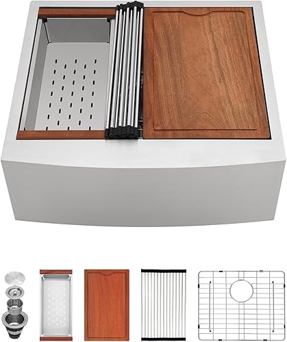 Fregadero de 24 pulgadas de acero inoxidable para granja, con estación de trabajo de cocina, con capacidad 16, calibre 16, acero inoxidable 304,